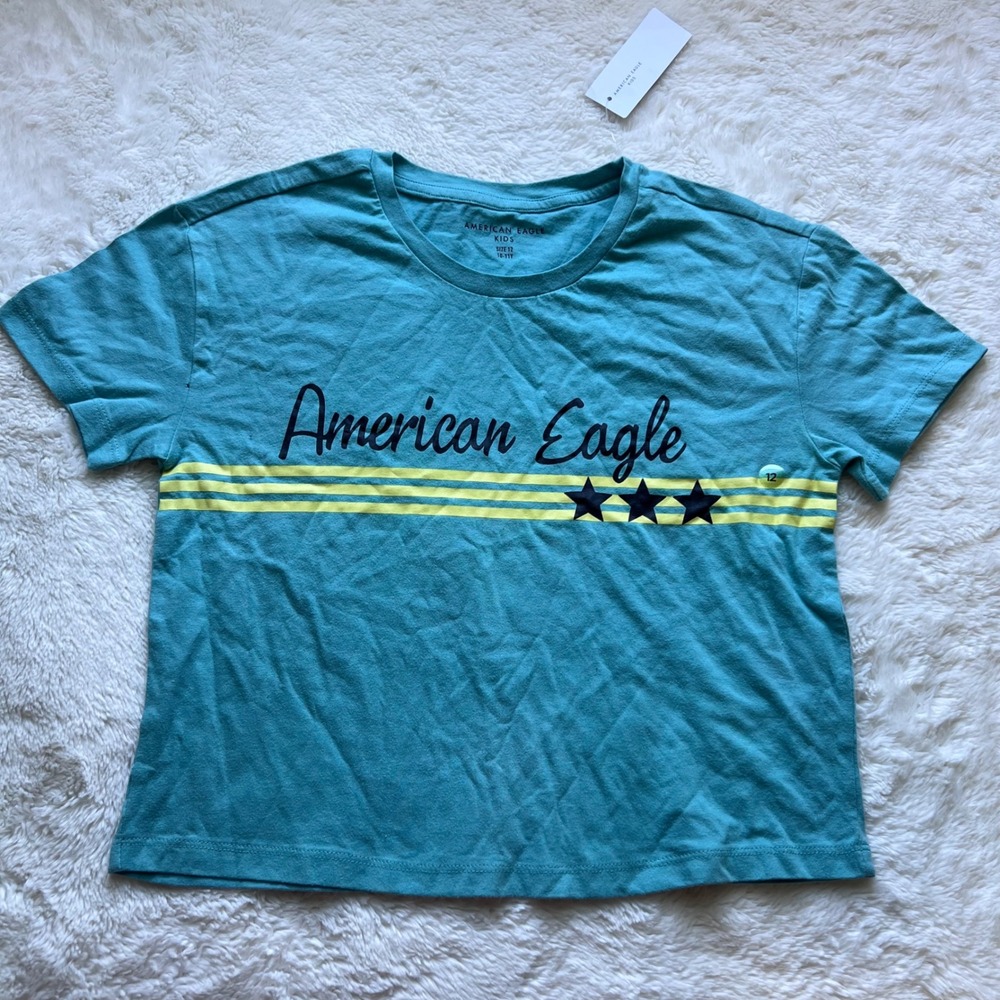 American Eagle Kids Teal Blue Graphic Star Stripe Short Sleeve Tee Shirt Size 12